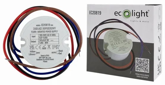 ECOLIGHT Zásuvný zdroj 24V - 30W - 1,25A - IP67 vodeodolný pre LED pásik