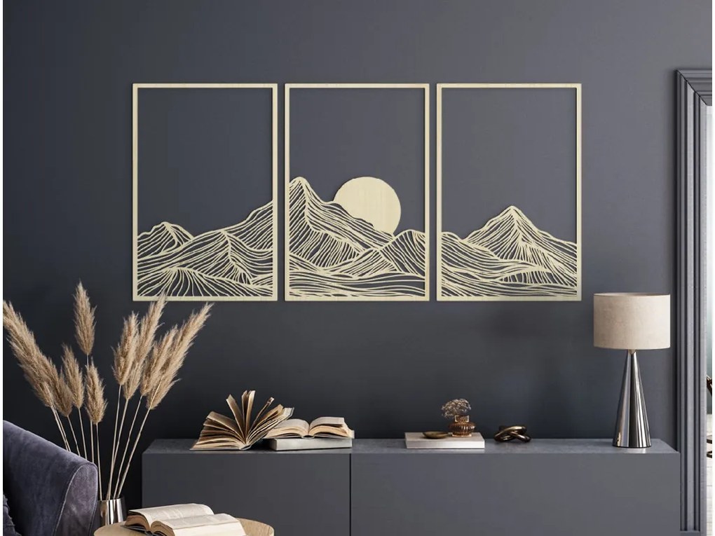 drevko Viacdielny obraz Minimalistické hory pri západe slnka Rozmer obrazu: 64,5 x 133 cm, Farba dekorácie: Čierna