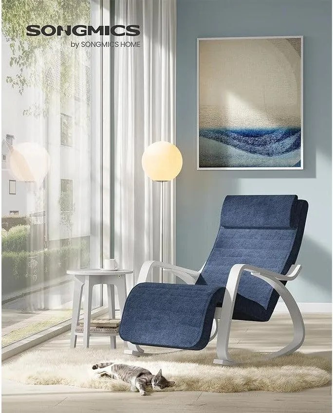 Hojdacie kreslo s podrúčkami z brezového dreva, 5-smerovo nastaviteľná opierka nôh, modrá