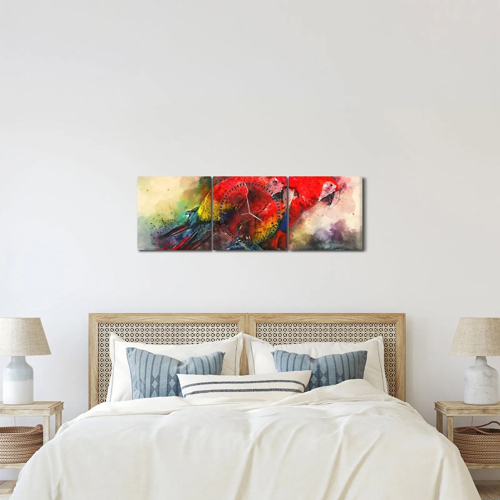 Obraz červených papagájov ara (s hodinami) (90x30 cm)