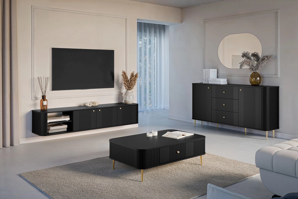 Závesná TV skrinka Vesper 3D 187 cm na sokli - čierna / zlaté úchytky