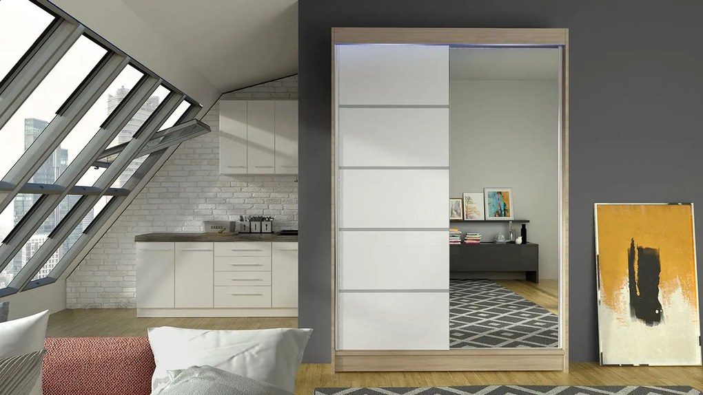 Posuvná skriňa Parys III, Farby: kašmír, Osvetlenie: osvetlenie LED RGB - farebné