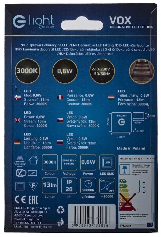 Schodiskové LED svietidlo Vox, 1x LED 0,6w, 3000k, s
