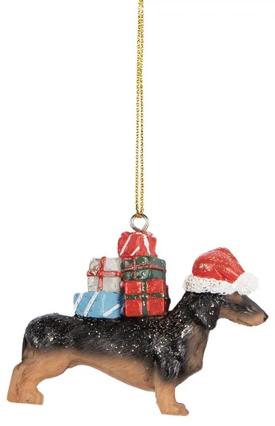 Hnedá závesná dekorácia jazvečík s darčekmi - 7*2*6 cm