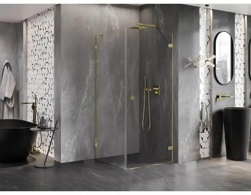Mexen Lunar-B, pravostranný výklopný sprchový kút 90 x 90 cm, 8mm číre sklo, zlatý profil, 832-090-090-50-00-P
