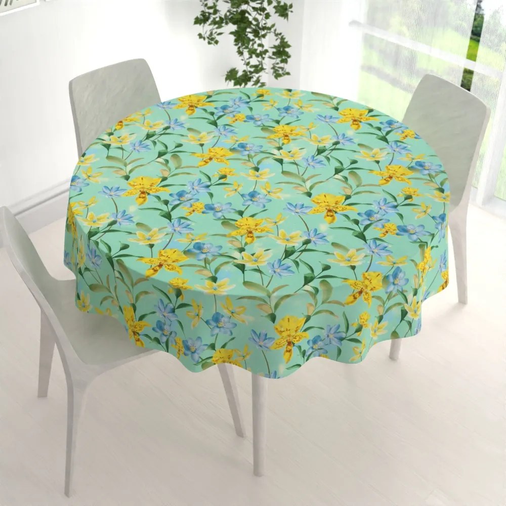 Biante Teflónový okrúhly obrus TF-082 Žlto-modré ľalie na mintovom Ø 60 cm
