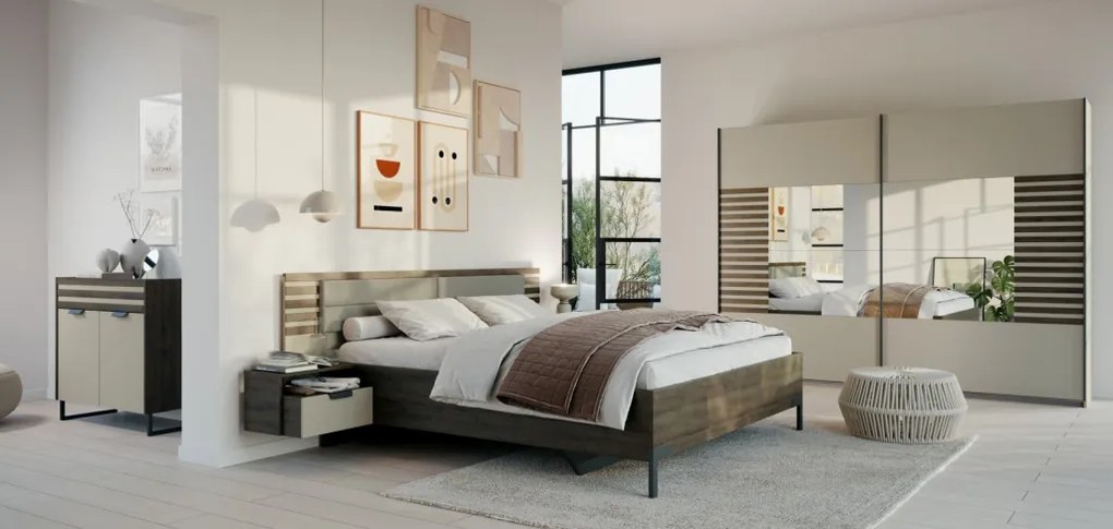 Posteľ s nočnými stolikmi Barea 180x200, béžová/dub atlantic