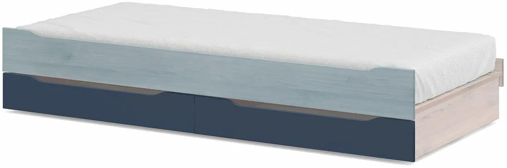 Posteľ I 90x200 s prístelkou a úložným priestorom Lincoln Modular - dub, dub modrá, dub tmavo modrá