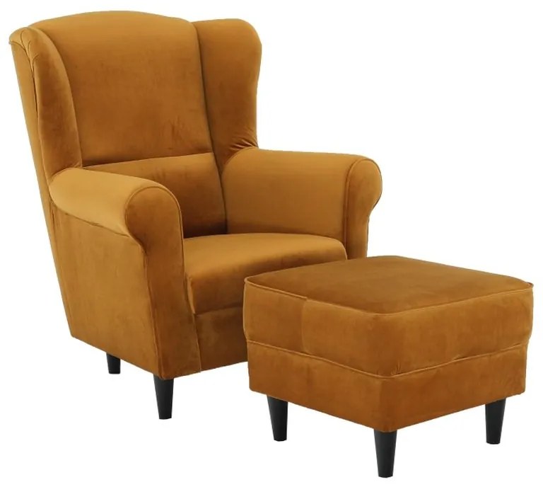 Kondela Kreslo, ušiak s taburetom, horčicová látka, ASTRID