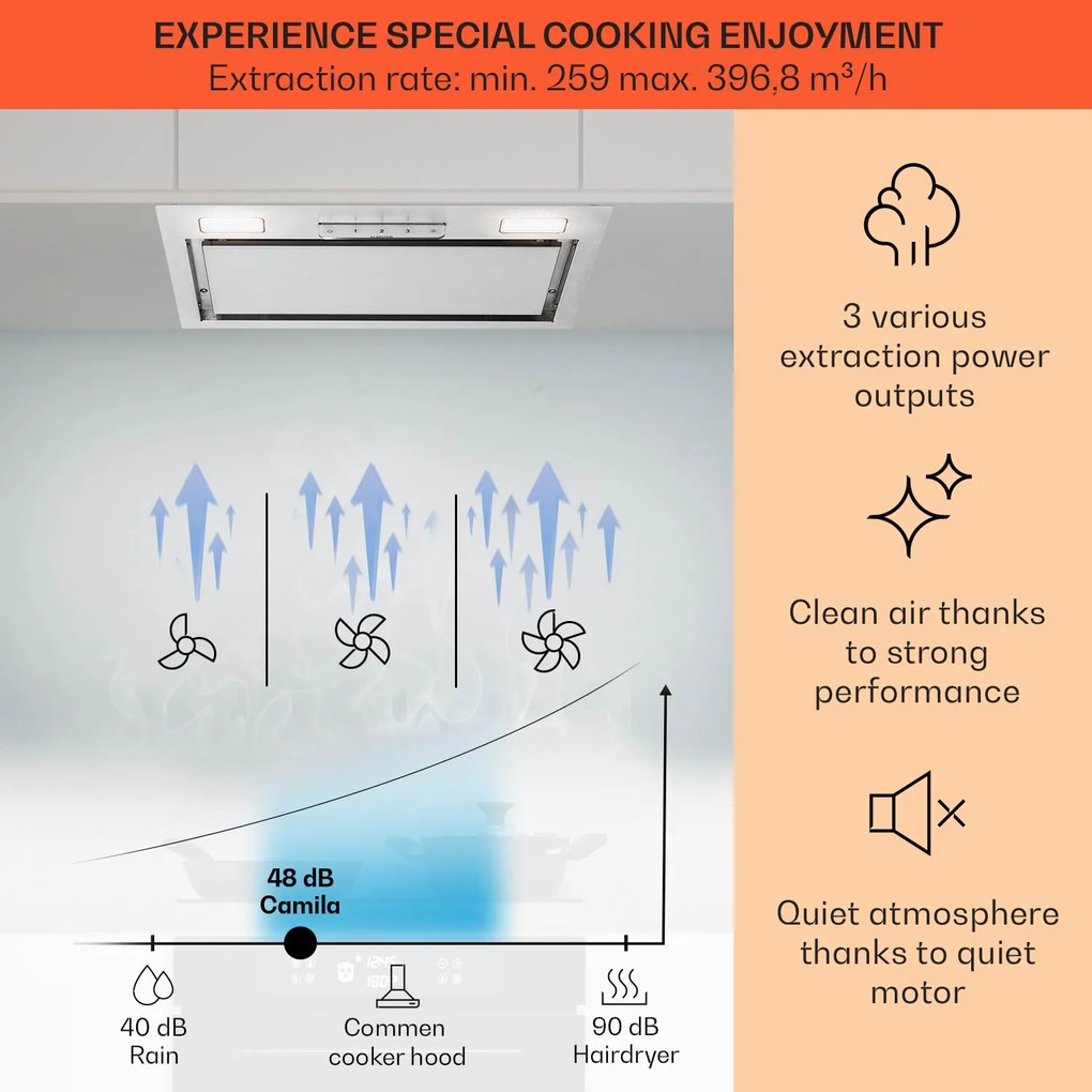 Klarstein Camila, vstavaný digestor, 52 cm, 397 m³/h, LED, dotyková plocha, nehrdzavejúca oceľ