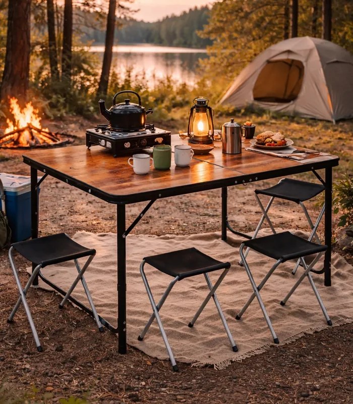 Kempingový skladací stôl so stoličkami – turistický set pre 4 osoby hnedá