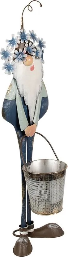 Kovová modrá dekoratívna figúrka škriatok s vedierkom - 19*18*67 cm