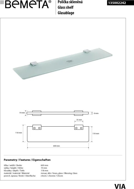 Bemeta Design VIA: Polička, 600 mm, sklo - 135002242
