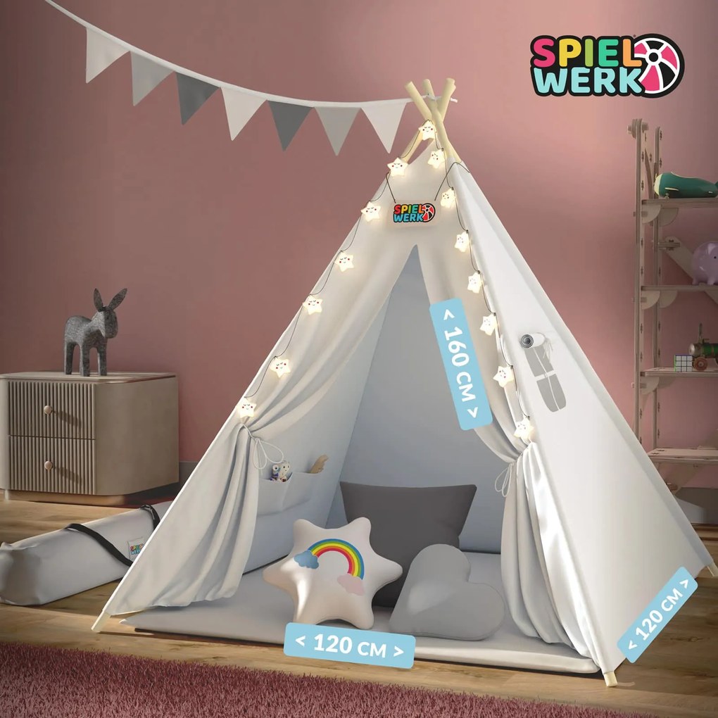 Spielwerk Detský stan teepee JULIUS, 120x120x160cm, biela/šedá