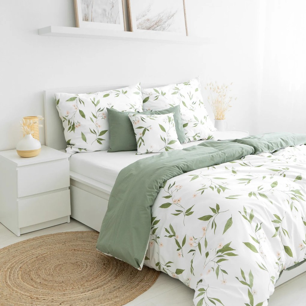 Goldea bavlnené posteľné obliečky duo - vôňa jazmínu so šalviovo zelenou 140 x 220 a 70 x 90 cm