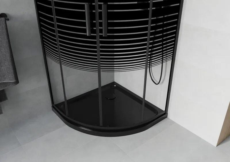 Mexen Rio sprchovací kút polkruhový 80 x 80 cm, čierne pruhy, čierna + vanička Flat, čierna - 863-080-080-70-20-4170B