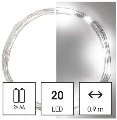 LED vianočná nano reťaz, 1,9 m, 2x AA, vnútorná, studená biela, časovač