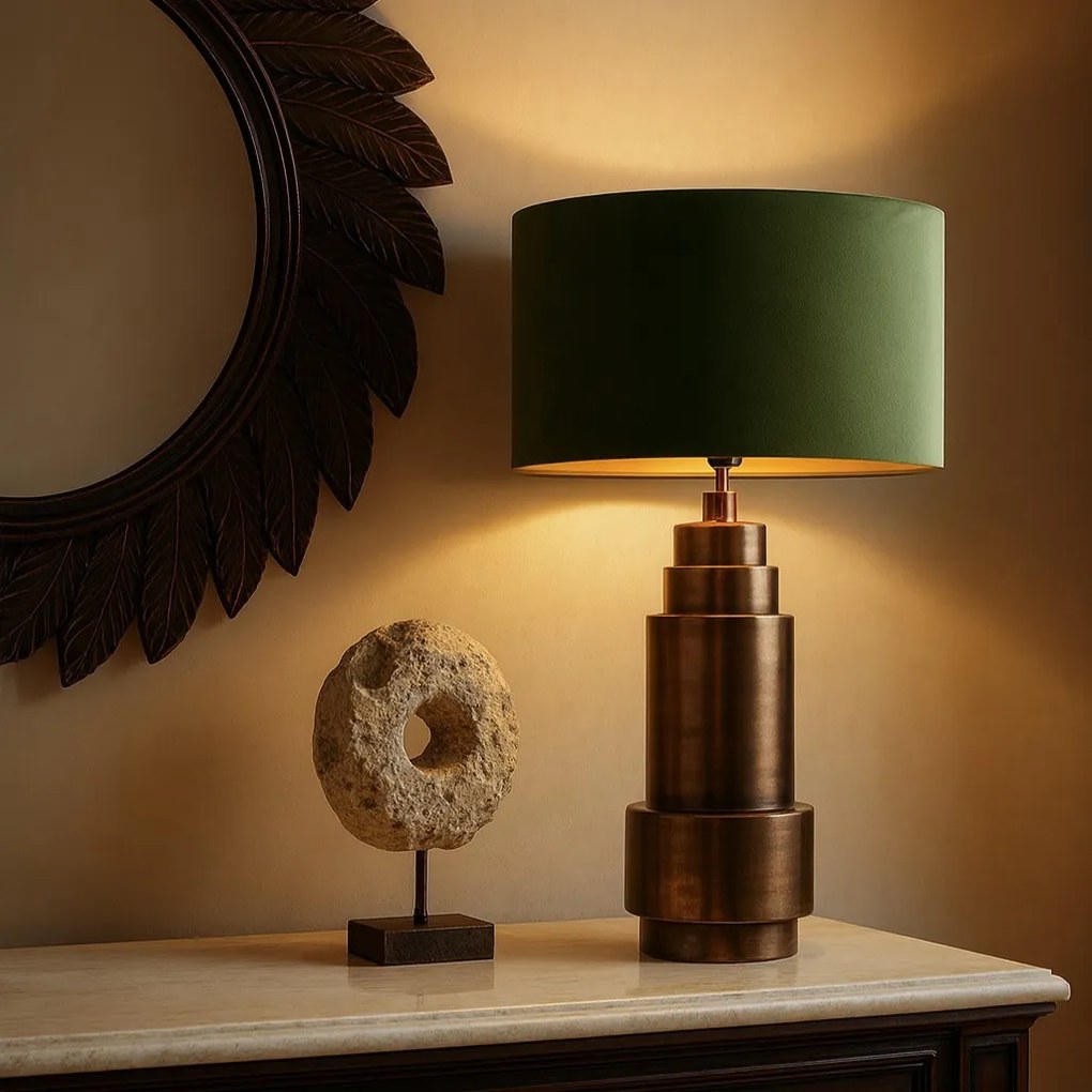 Art Deco stolná lampa bronzová s tienidlom z velúru zelená so zlatom 50 cm - Bruut