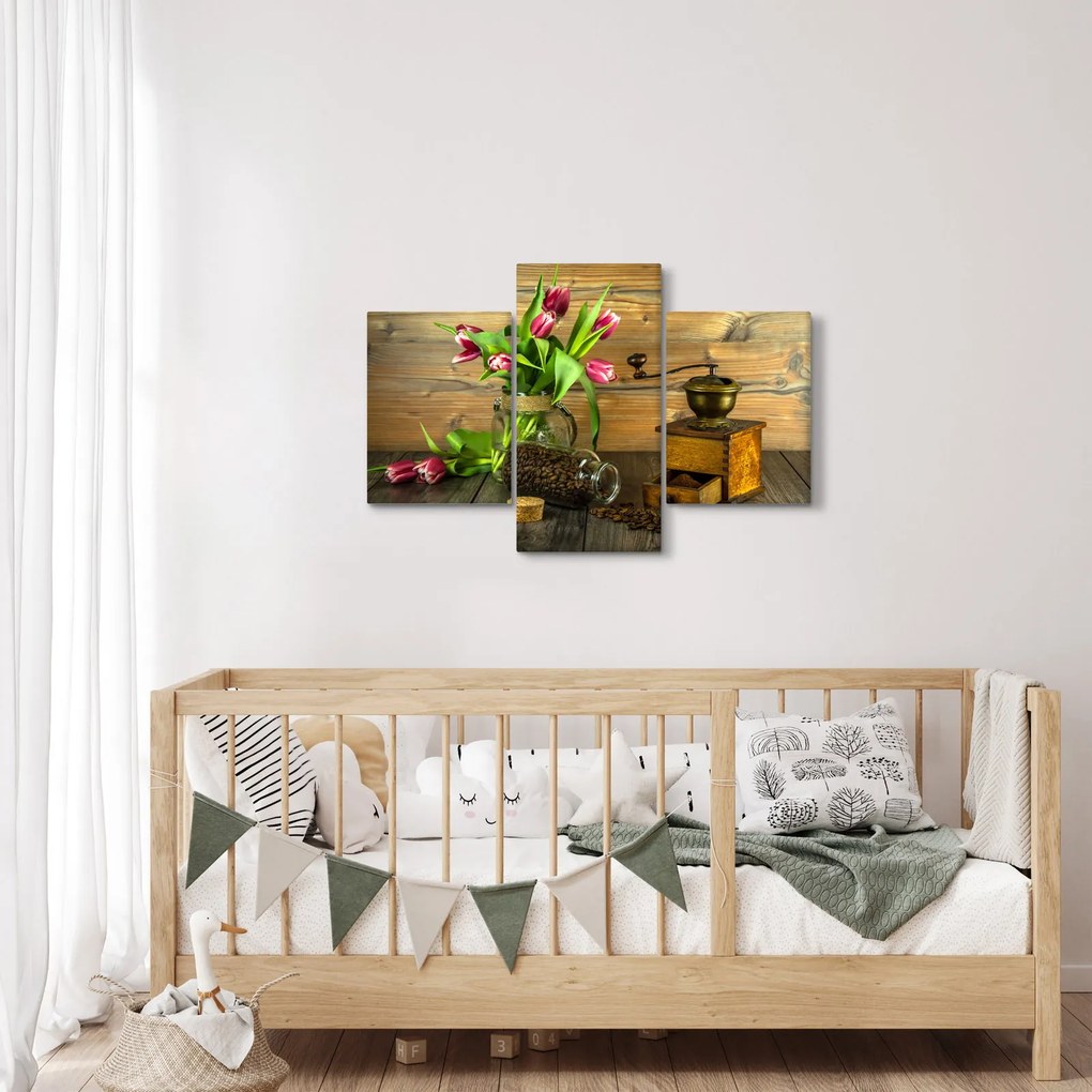 Obraz - tulipány, mlynček a káva (90x60 cm)