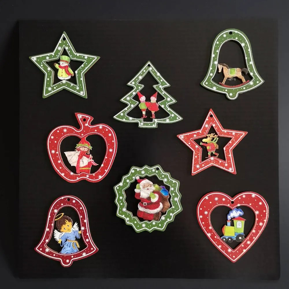 AMADEA AKCIA Drevené ozdoby - sada 8 ks farebných ozdôb 6 cm