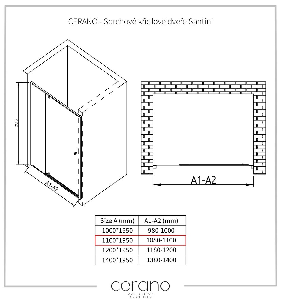 Cerano Santini, krídlové sprchové dvere 110x195 cm, 6mm číre sklo, čierny profil, CER-CER-428758