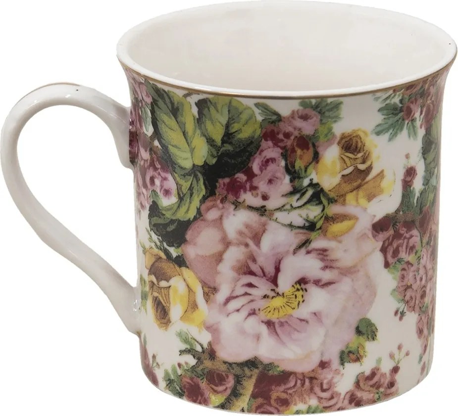 Porcelánový hrnček s kvetmi a zlatou linkou Pink Flowers - 12*8*9 cm / 330 ml