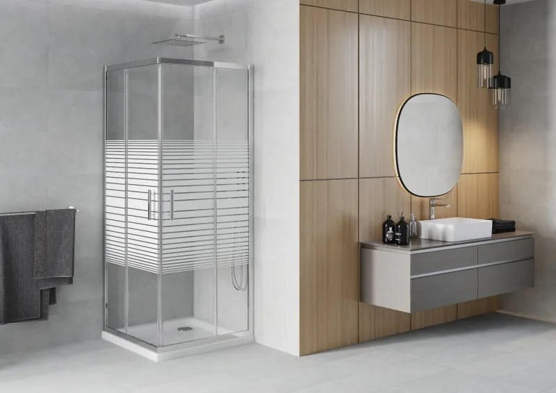 Mexen Rio štvorcový sprchovací kút 90 x 90 cm, 6mm sklo, číre sklo/pásy, chrómový profil + slim sprchová vanička 5cm, 860-090-090-01-20-4010