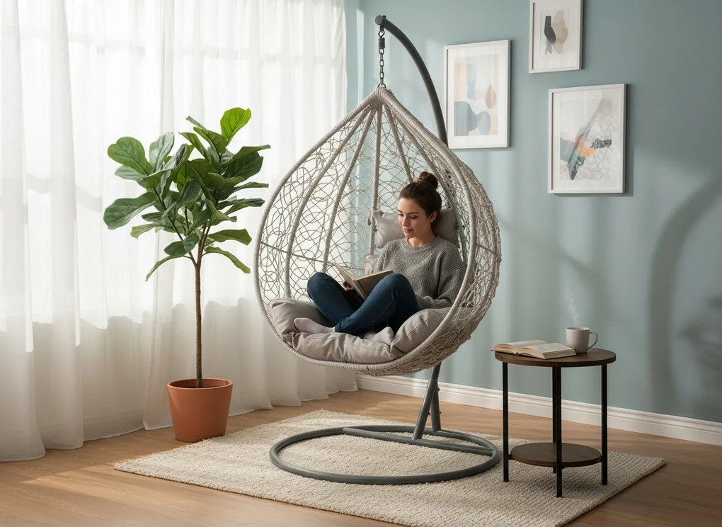 CH ZÁVESNÁ STOLIČKA SVETLOŠEDÁ, VANKÚŠ – ŠEDÝ, RÁM – ŠEDÝ 118X107X68CM