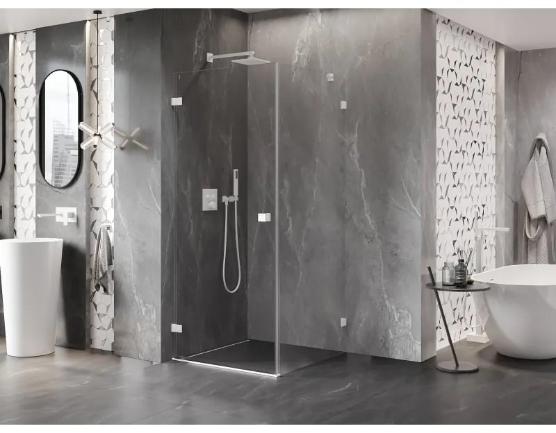 Mexen Lunar-B, výklopný sprchový kút ľavý 70 x 70 cm, 8mm číre sklo, biely profil, 832-070-070-20-00-L