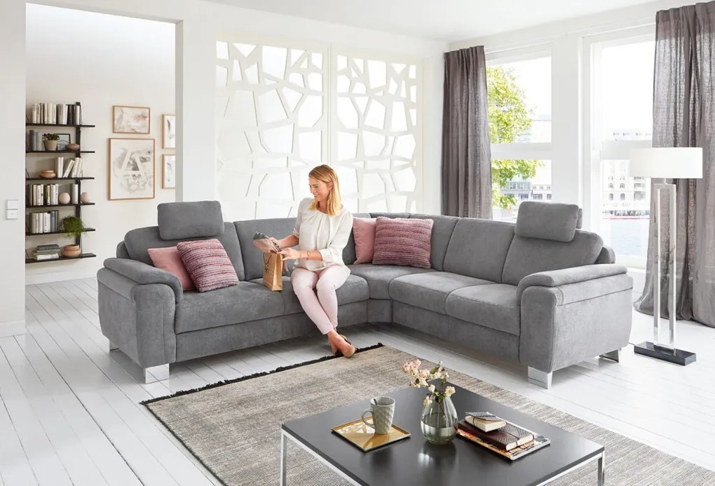 Rohová sedacia súprava s kreslom Omaha, šedá látka, s funkciami