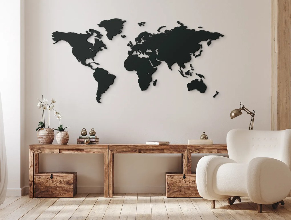 drevko Mapa sveta na stenu Rozmer obrazu: 42 x 86 cm, Farba dekorácie: Čierna