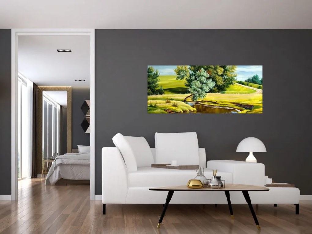 Obraz - Rieka medzi lúkami, olejomaľba (120x50 cm)