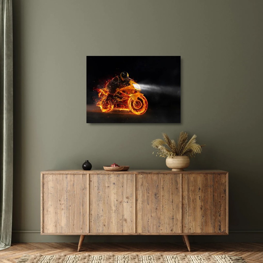 Sklenený obraz - Motorkár s plameňmi (70x50 cm)