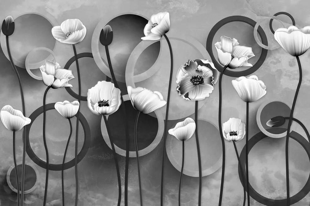 Tapeta čiernobiele kvety maku s abstraktným pozadím