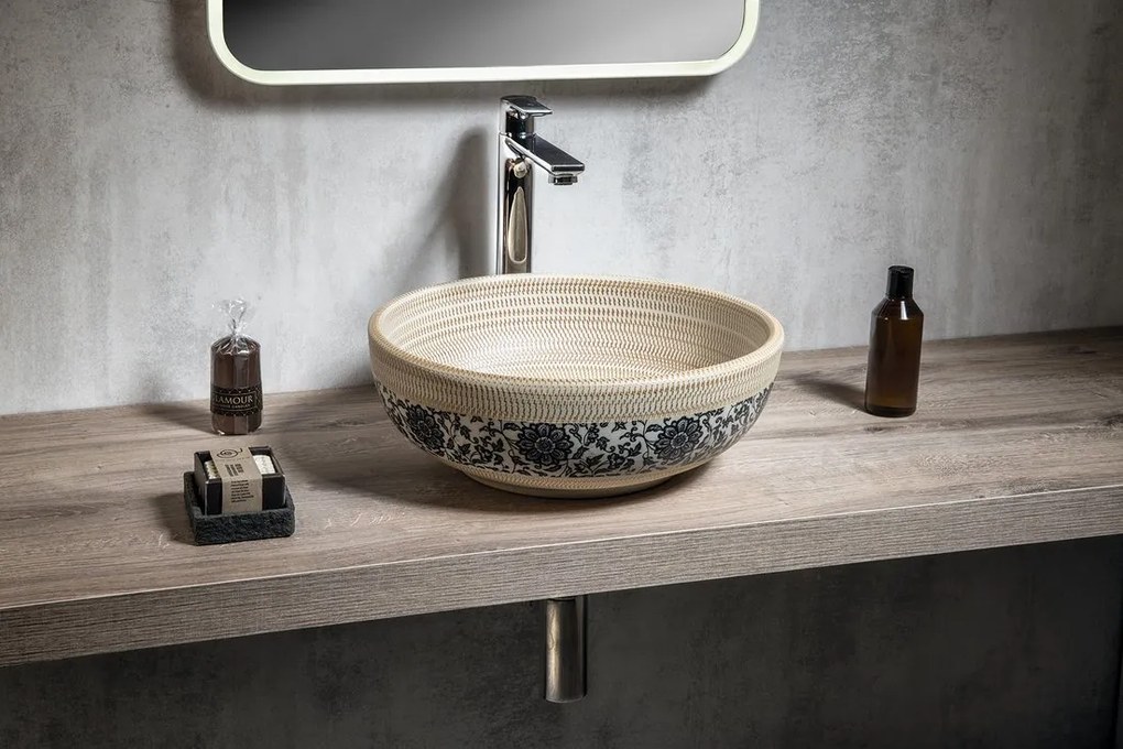 Sapho Sapho, PRIORI keramické umývadlo na dosku Ø 41 cm, hnedá s modrým vzorom, PI023