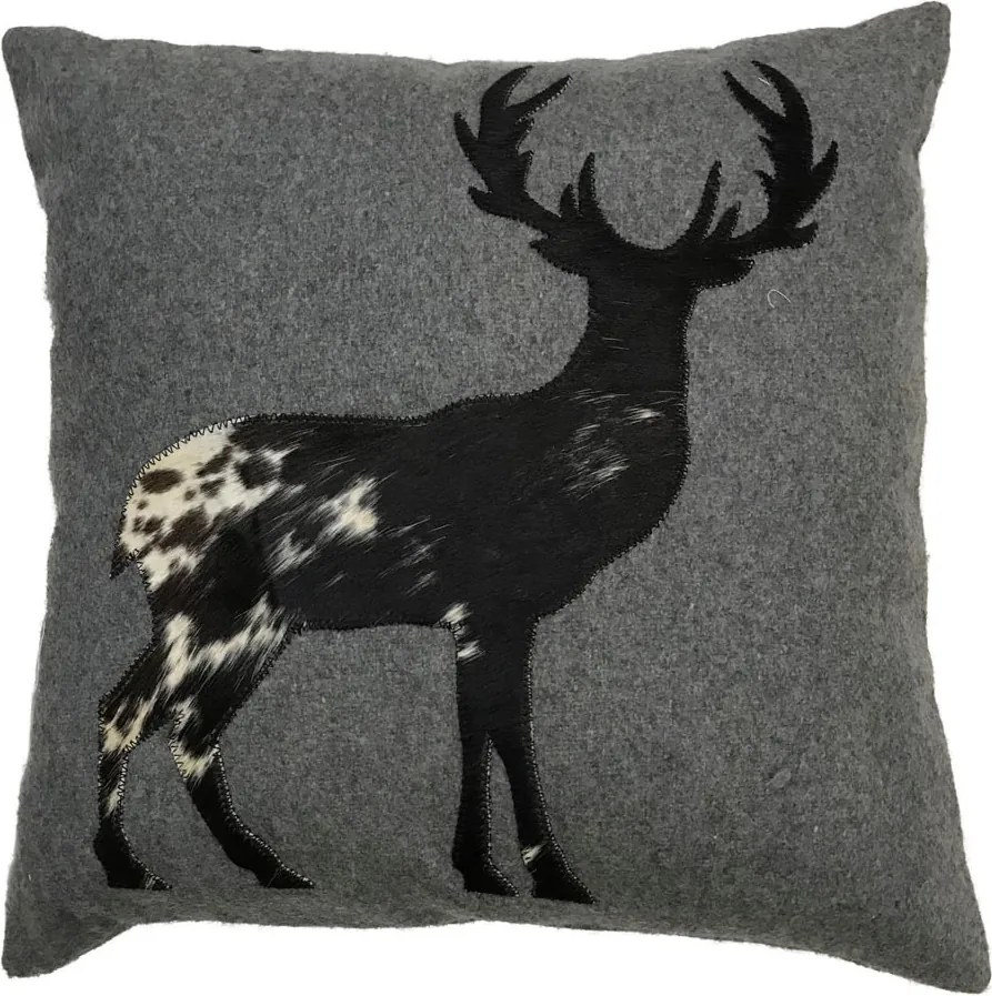 Šedý vankúš s jeleňom z hovädzej kože - 45 * 45 * 10cm