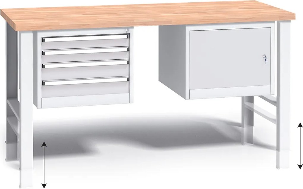 Výškovo nastaviteľný pracovný stôl do dielne G3 so závesným boxom a skrinkou na náradie, buková škárovka, 4 zásuvky, 1700 x 685 x 840 - 1050 mm, sivá