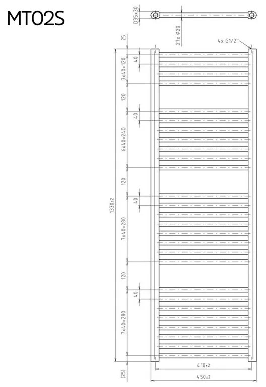 Mereo, Vykurovací rebrík 450x1850 mm, rovný, biely, stredové pripojenie, MER-MT04S