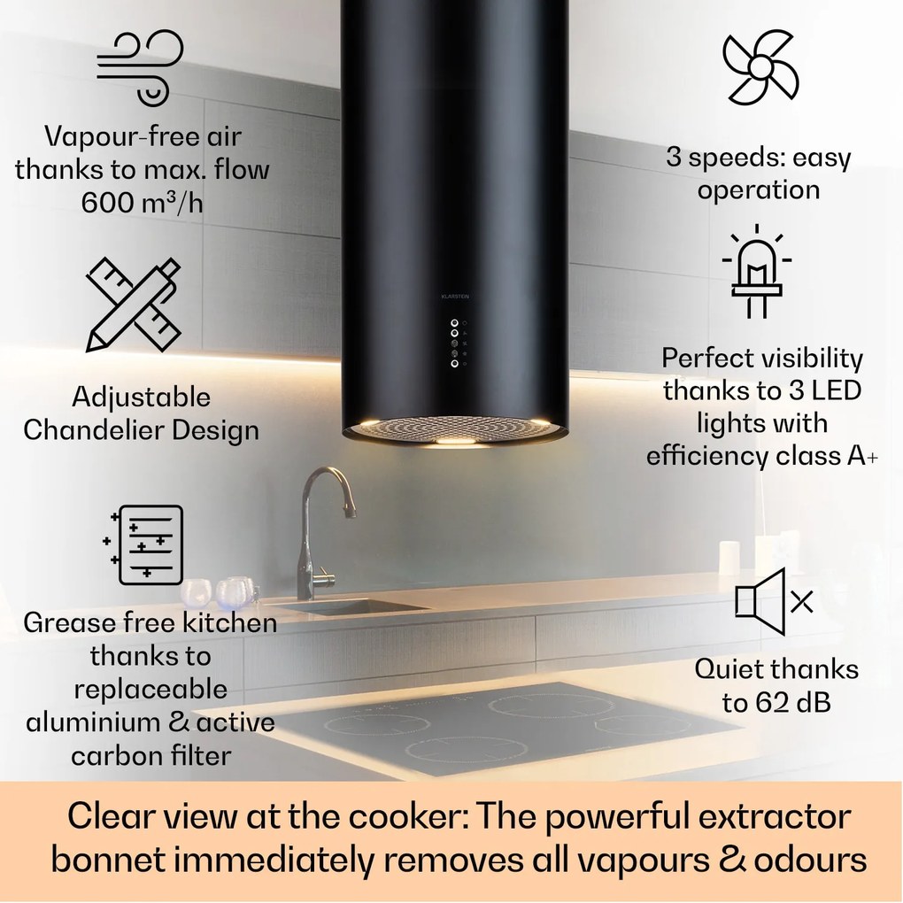 Klarstein Bolea, digestor, 38 cm, ostrovčekový, 600 m³/h, LED, filtre s aktívnym uhlím, nehrdzavejúca oceľ