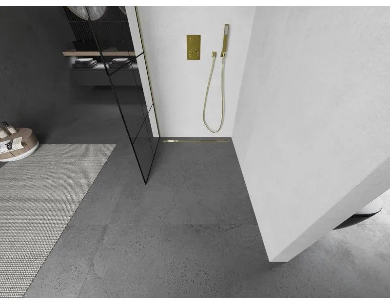 Mexen Kioto L, sprchová zástena Walk-In 70 x 200 cm, 8mm číre sklo čierny vzor, zlatý matný profil, 800-070-103-55-77