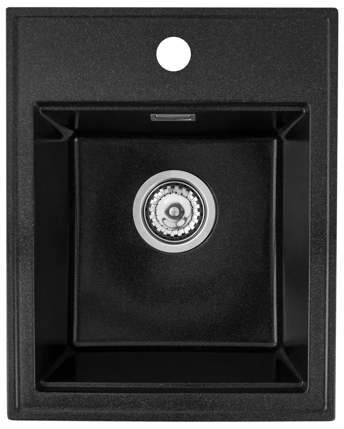 Sink Quality Ferrum New 4050, 1-komorový granitový drez 400x500x185 mm + chrómový sifón, čierna škvrnitá, SKQ-FER.4050.BP.X