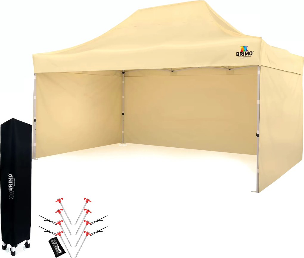 BRIMO Záhradný stan 3x4,5 m Oceľ | Rýchlo-rozkladací Altánok na Eventy a Párty - s 3 stenami - Béžová 10