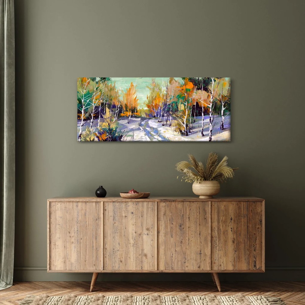 Obraz - Zasnežená cesta lesom, olejomaľba (120x50 cm)