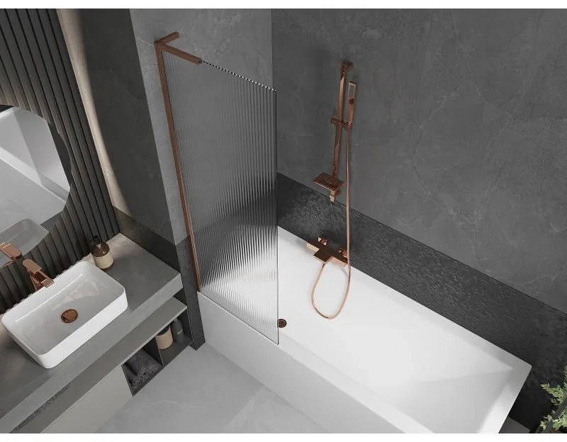 Mexen Next L, 1-krídlová vaňová zástena 60 x 150 cm, 6mm sklo s rebrovým vzorom, ružové zlato profil, 895-060-000-03-09-60