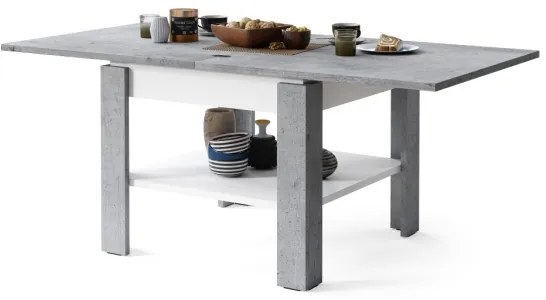 Rozkladací konferenčný/jedálenský stôl s odkladacou poličkou LIA šedá betón/biela