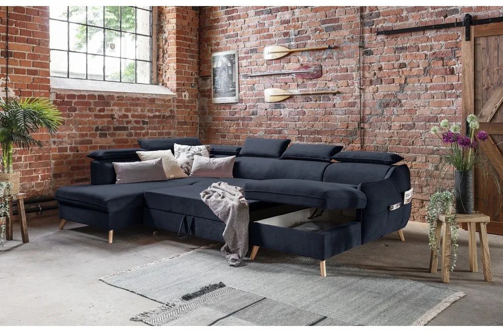 Tmavomodrá zamatová rozkladacia rohová pohovka do "U" (ľavý roh) Sweet Harmony – Miuform