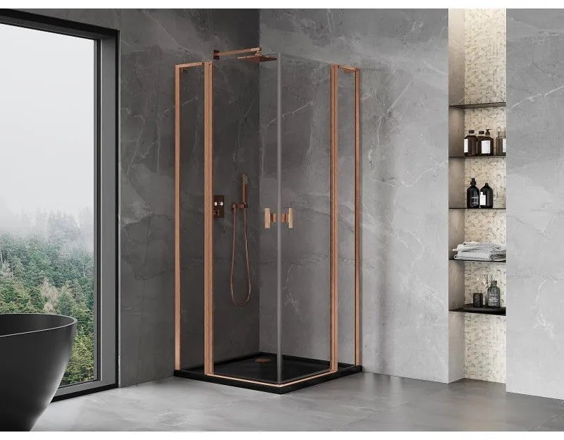 Mexen, Mexen Mist L Duo sklápací sprchový kút 105 x 105 cm, transparentný, brúsená meď - 8A4L-105-105-65-00
