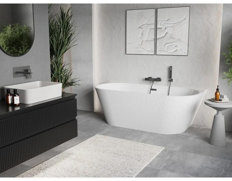 Mexen Oris, voľne stojaca ryhovaná vaňa 150 x 75 cm, biela lesklá, brúsený grafit prepad, 52871507500-66
