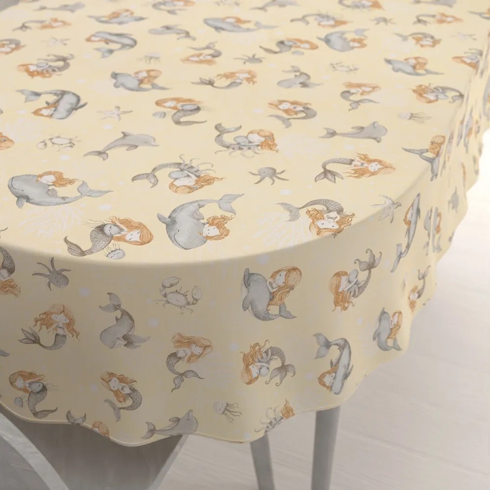 Biante Detský bavlnený oválny obrus Sandra SA-670 Sivo-hnedé morské panny s delfínmi na žltobéžovom 140x220 cm