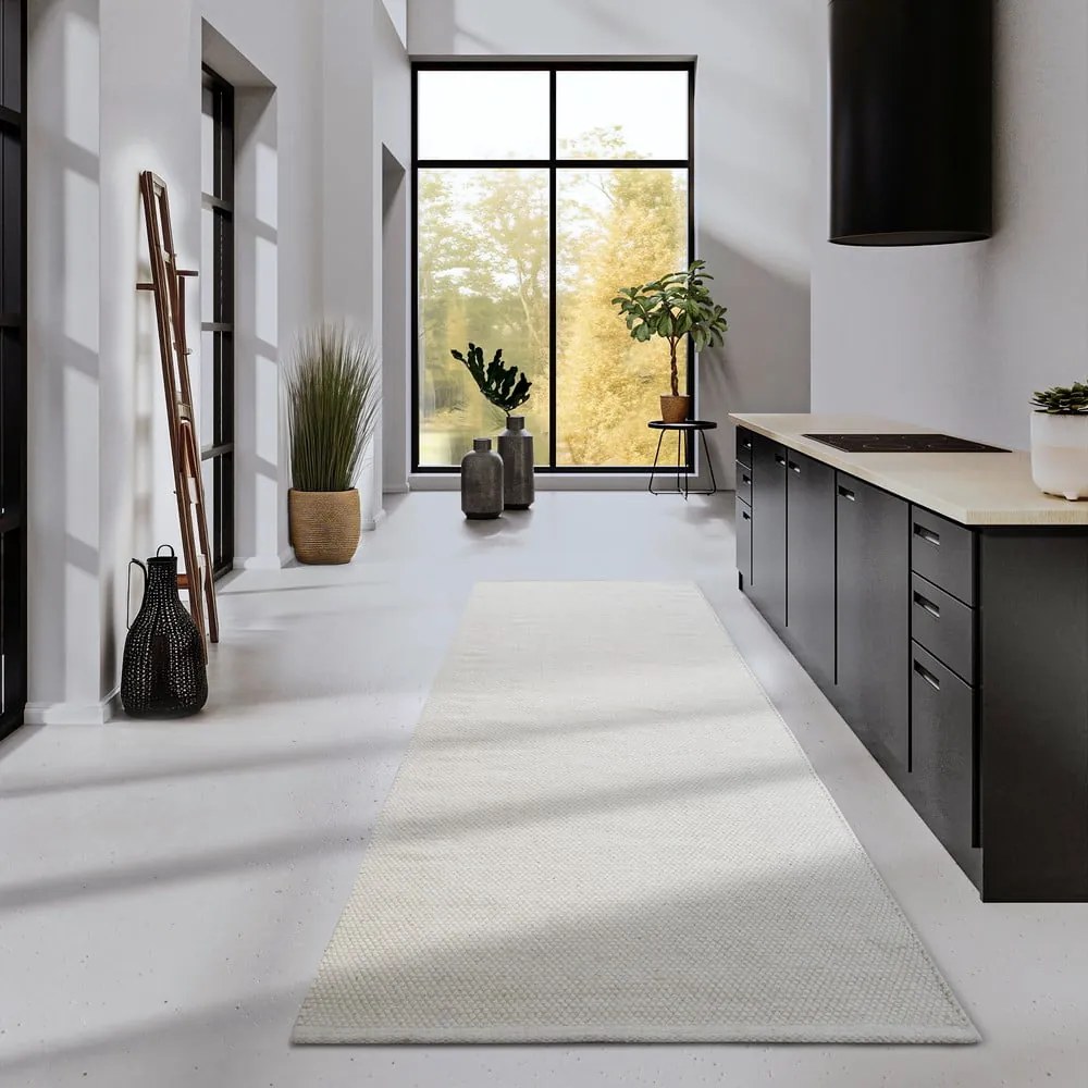 Krémovobiely ručne tkaný behúň s prímesou vlny 80x200 cm Pradesh Natural White – Elle Decoration